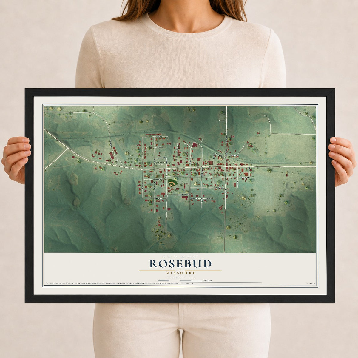 Map of Rosebud, Missouri, 12 x 18 inch print in a black wood frame