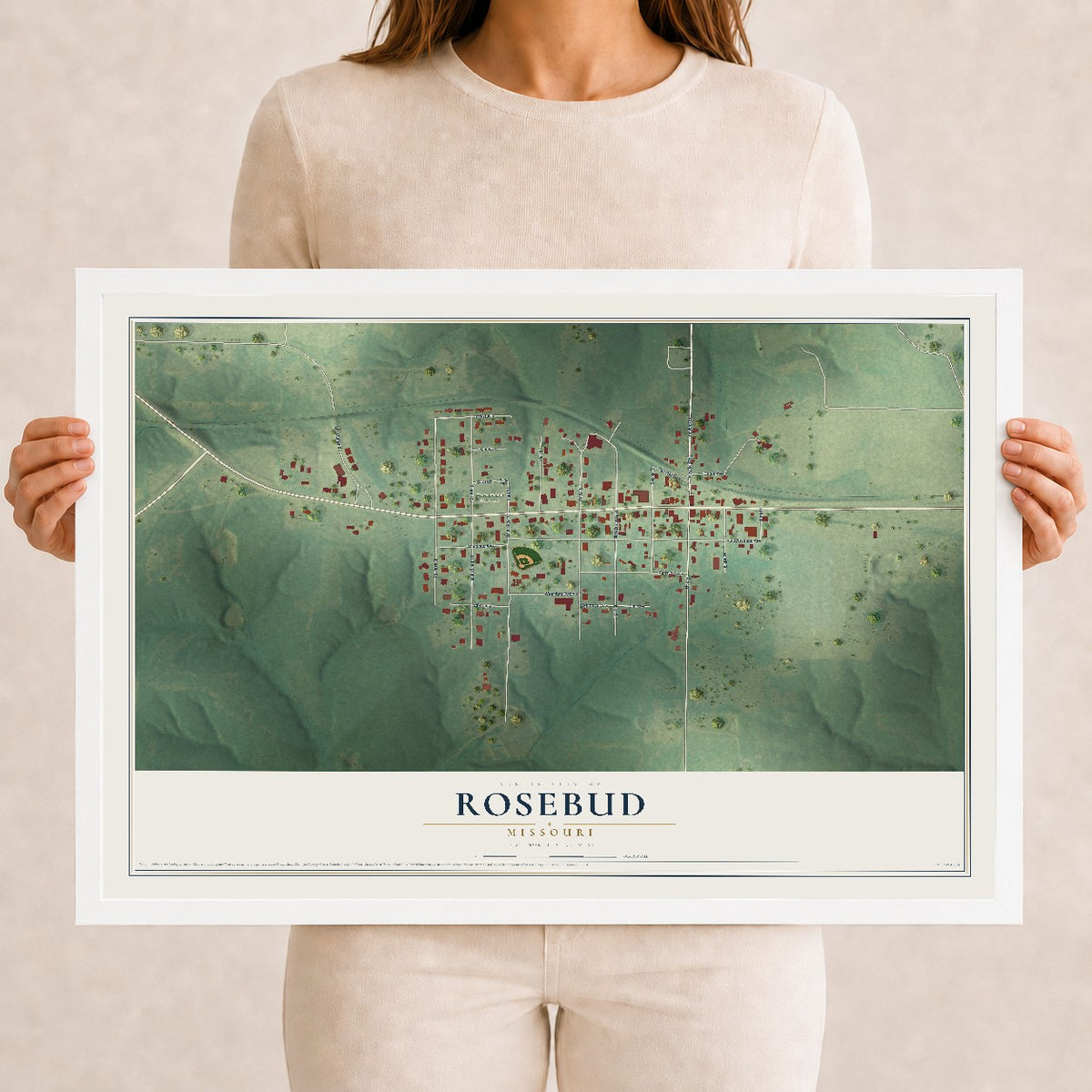 Map of Rosebud, Missouri, 12 x 18 inch print in a white wood frame