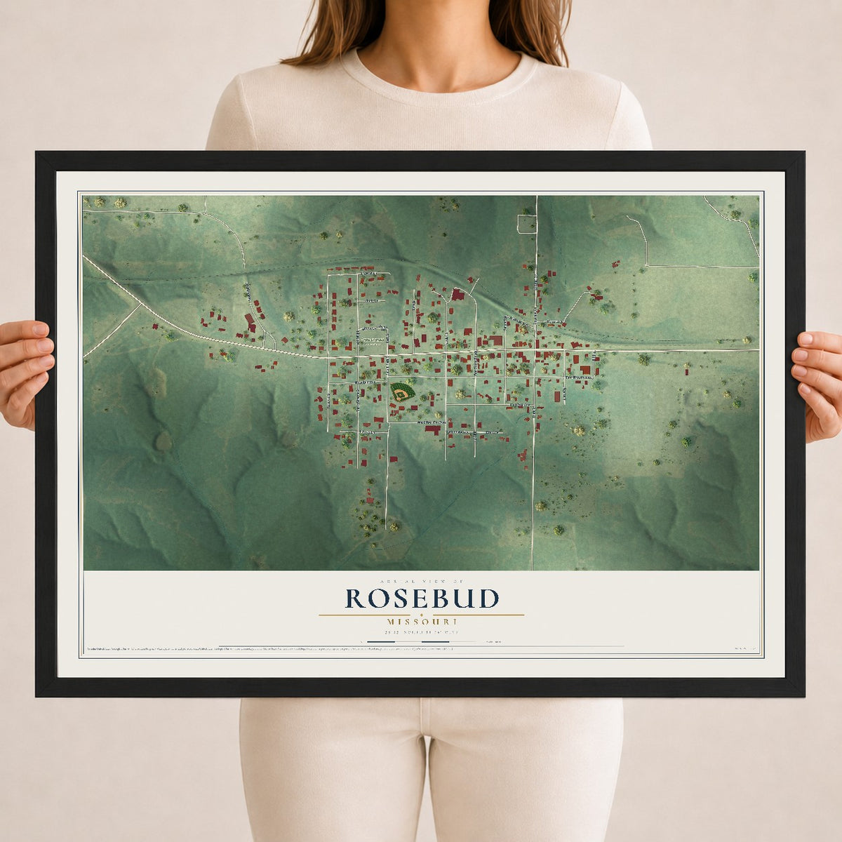 Map of Rosebud, Missouri, 18 x 24 inch print in a black wood frame