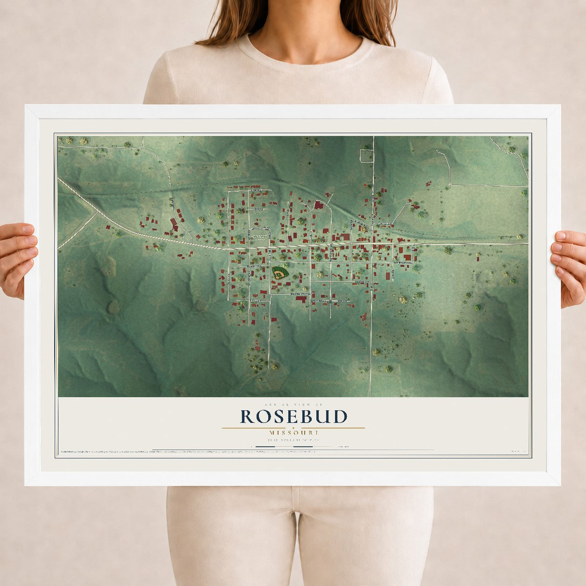 Map of Rosebud, Missouri, 18 x 24 inch print in a white wood frame