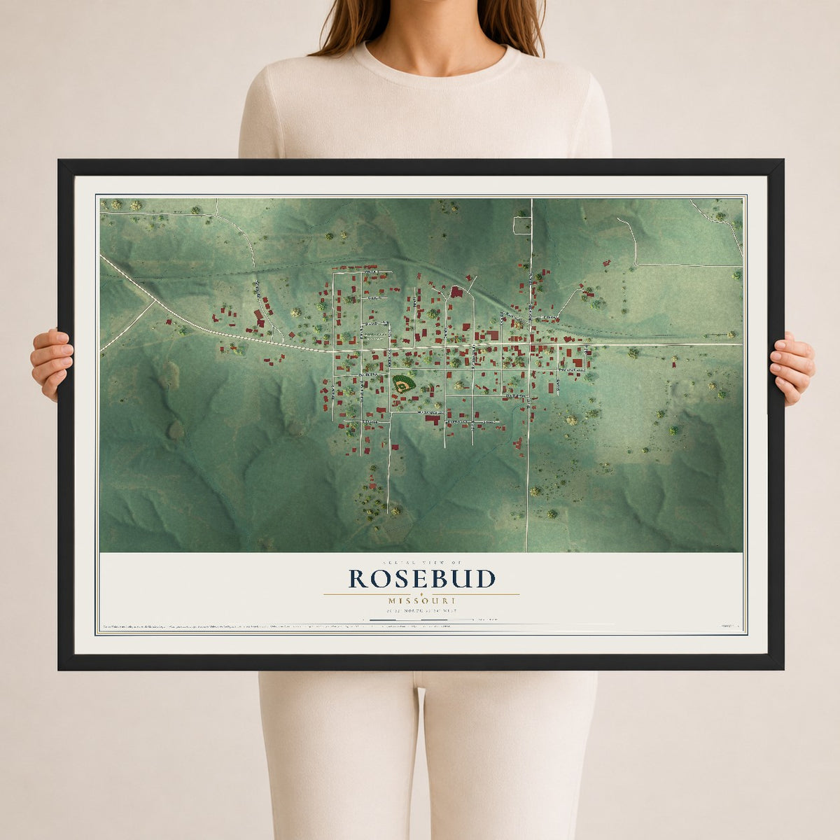 Map of Rosebud, Missouri, 24 x 36 inch print in a black wood frame