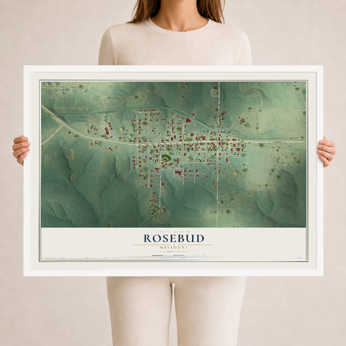 Map of Rosebud, Missouri, 24 x 36 inch print in a white wood frame