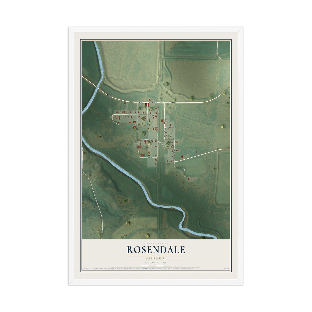 Map of Rosendale, Missouri, 12 x 18 inch print in a white wood frame