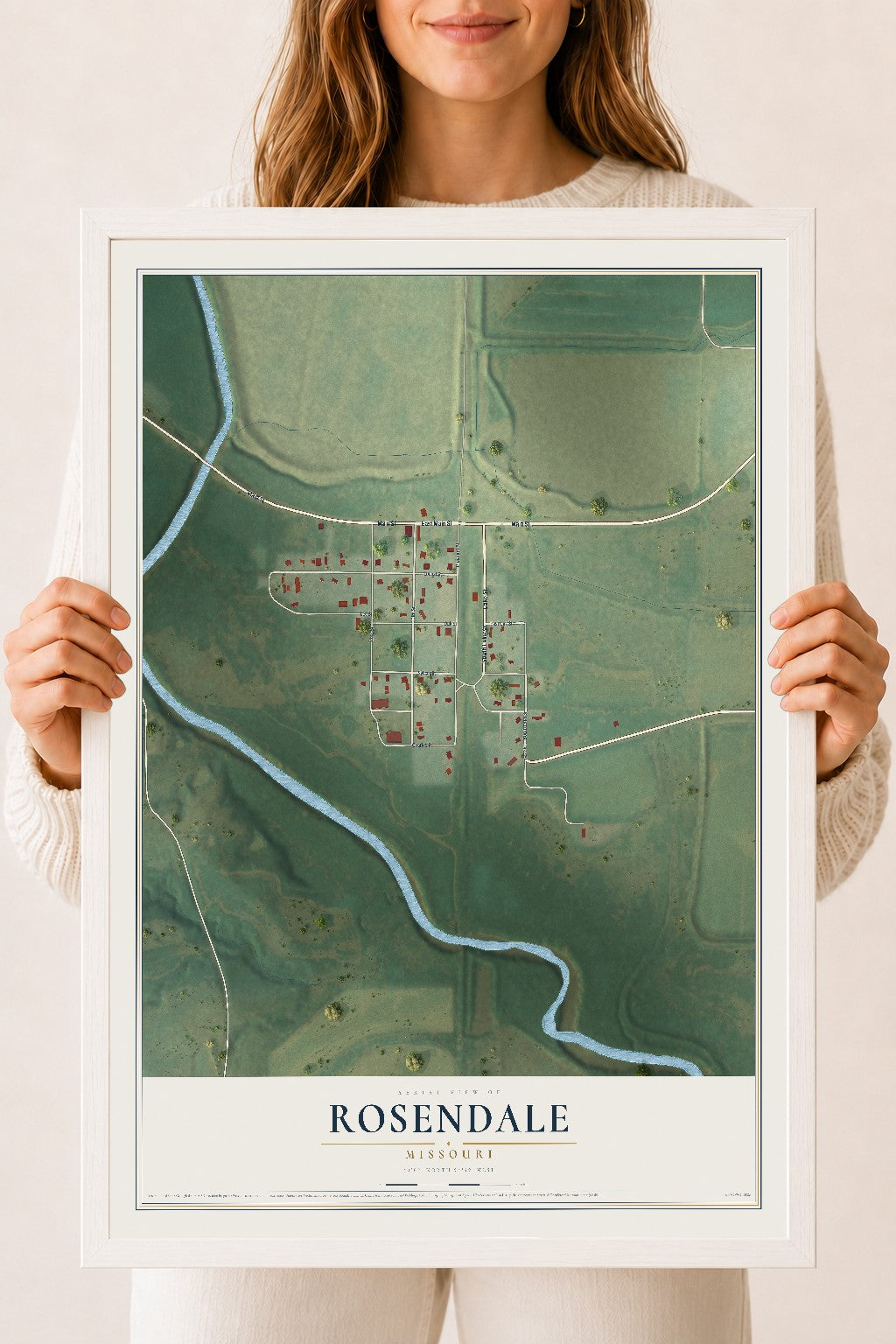 Map of Rosendale, Missouri, 18 x 24 inch print in a white wood frame