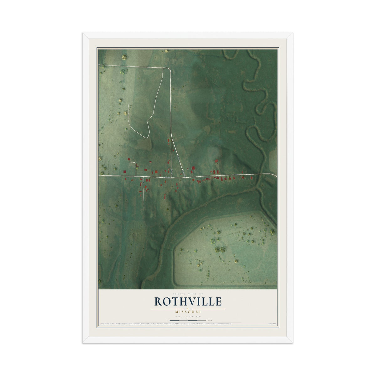 Map of Rothville, Missouri, 12 x 18 inch print in a white wood frame