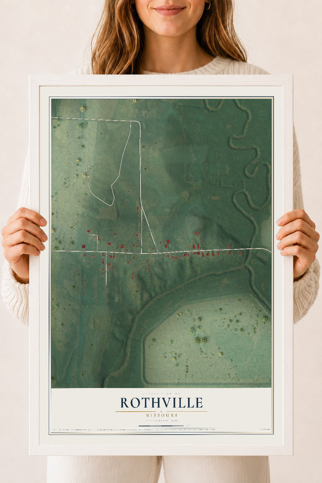 Map of Rothville, Missouri, 18 x 24 inch print in a white wood frame