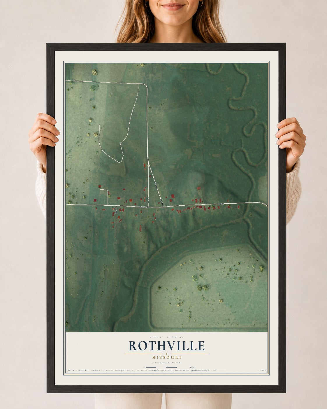 Map of Rothville, Missouri, 24 x 36 inch print in a black wood frame