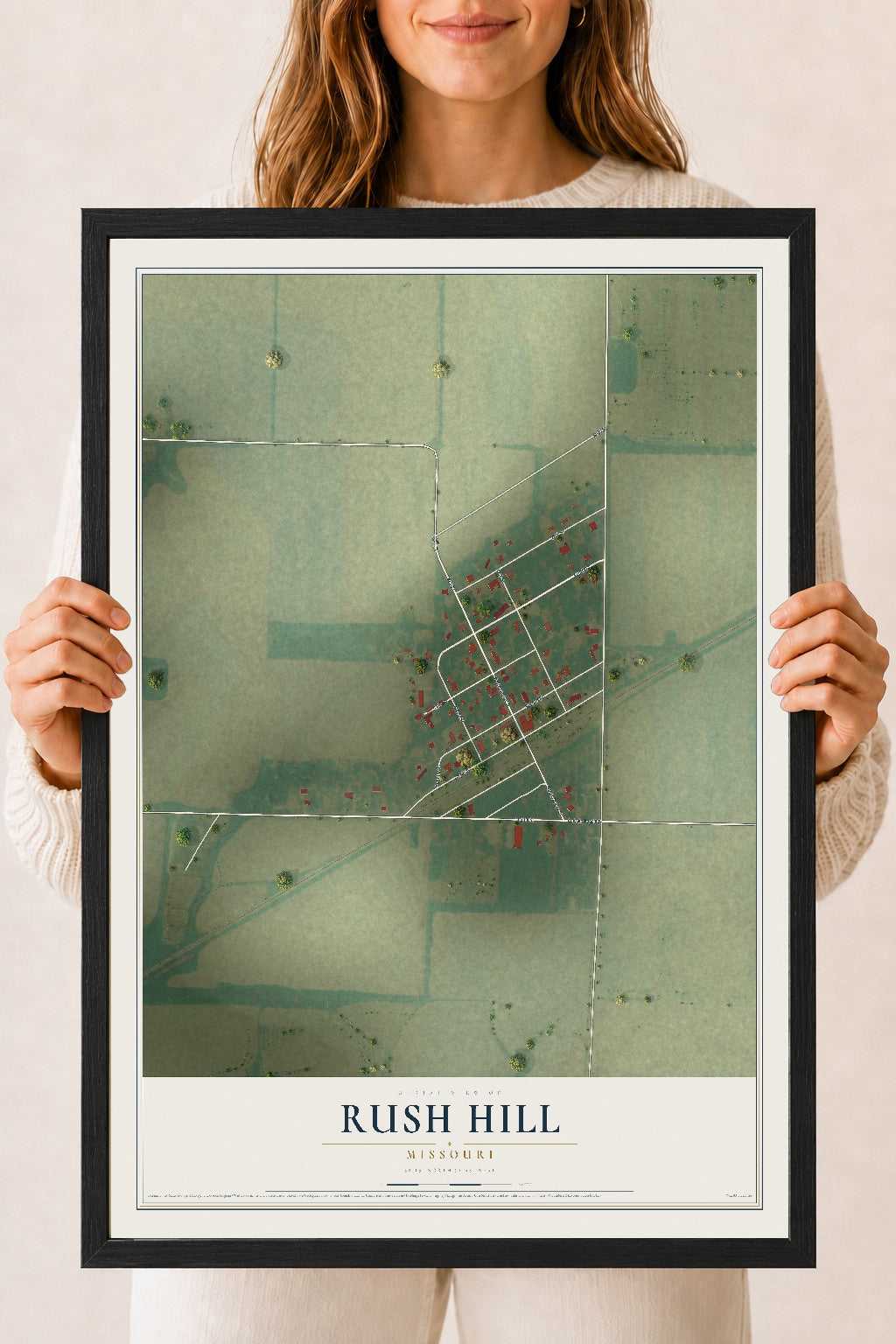 Map of Rush Hill, Missouri, 18 x 24 inch print in a black wood frame