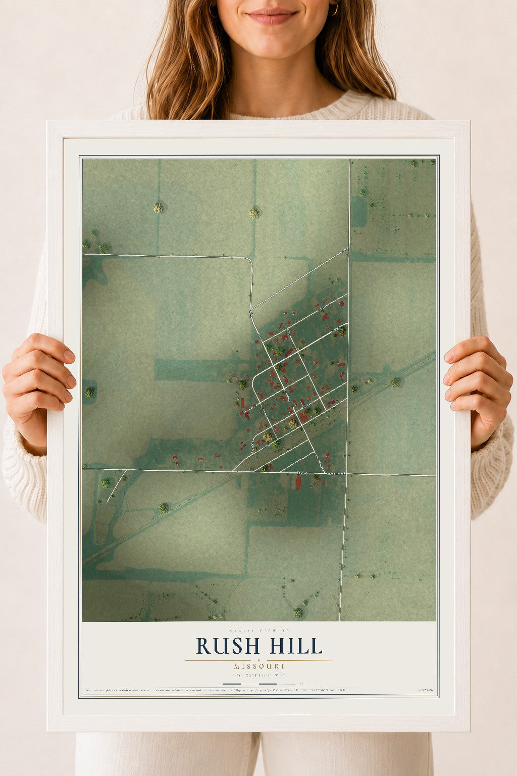 Map of Rush Hill, Missouri, 18 x 24 inch print in a white wood frame