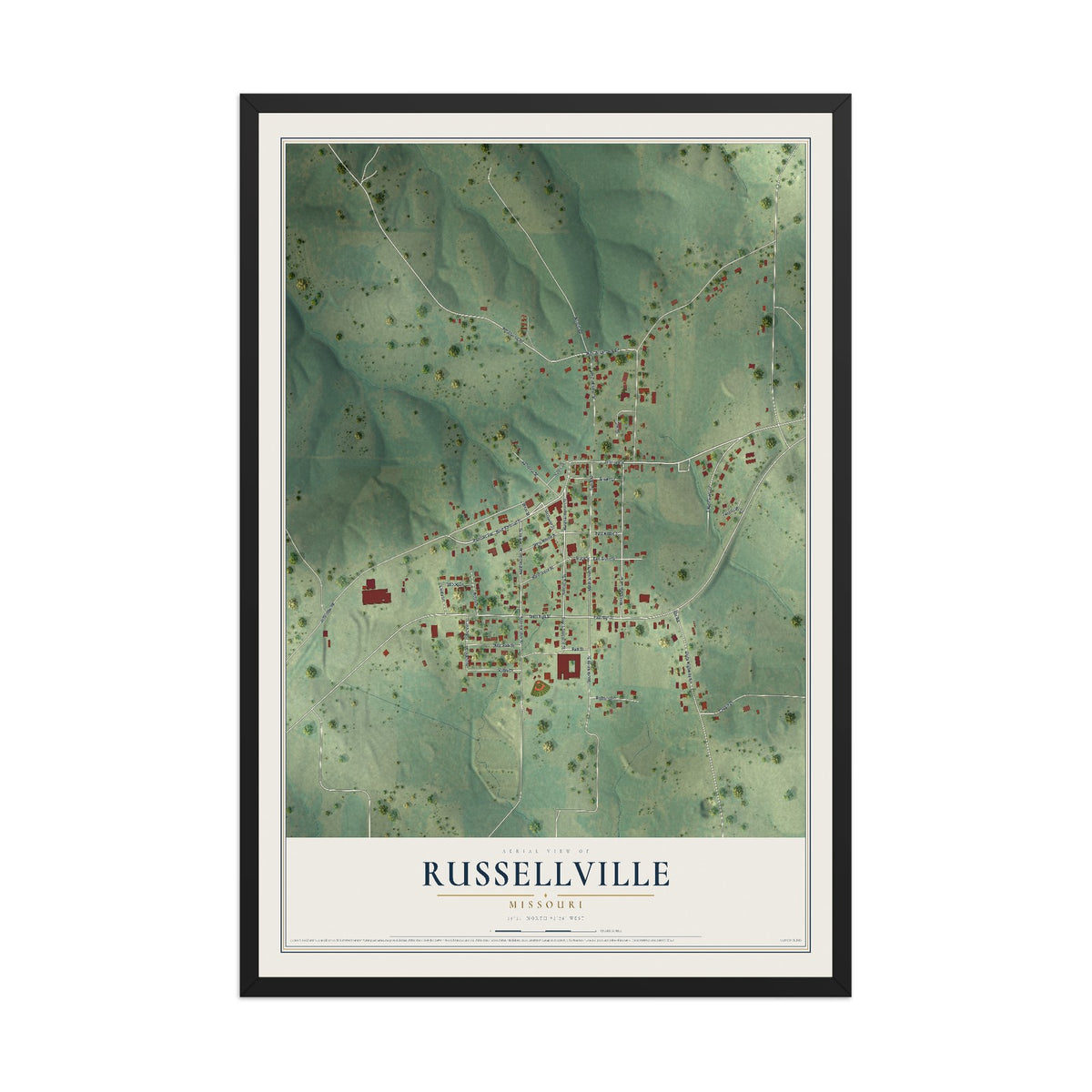 Map of Russellville, Missouri, 12 x 18 inch print in a black wood frame