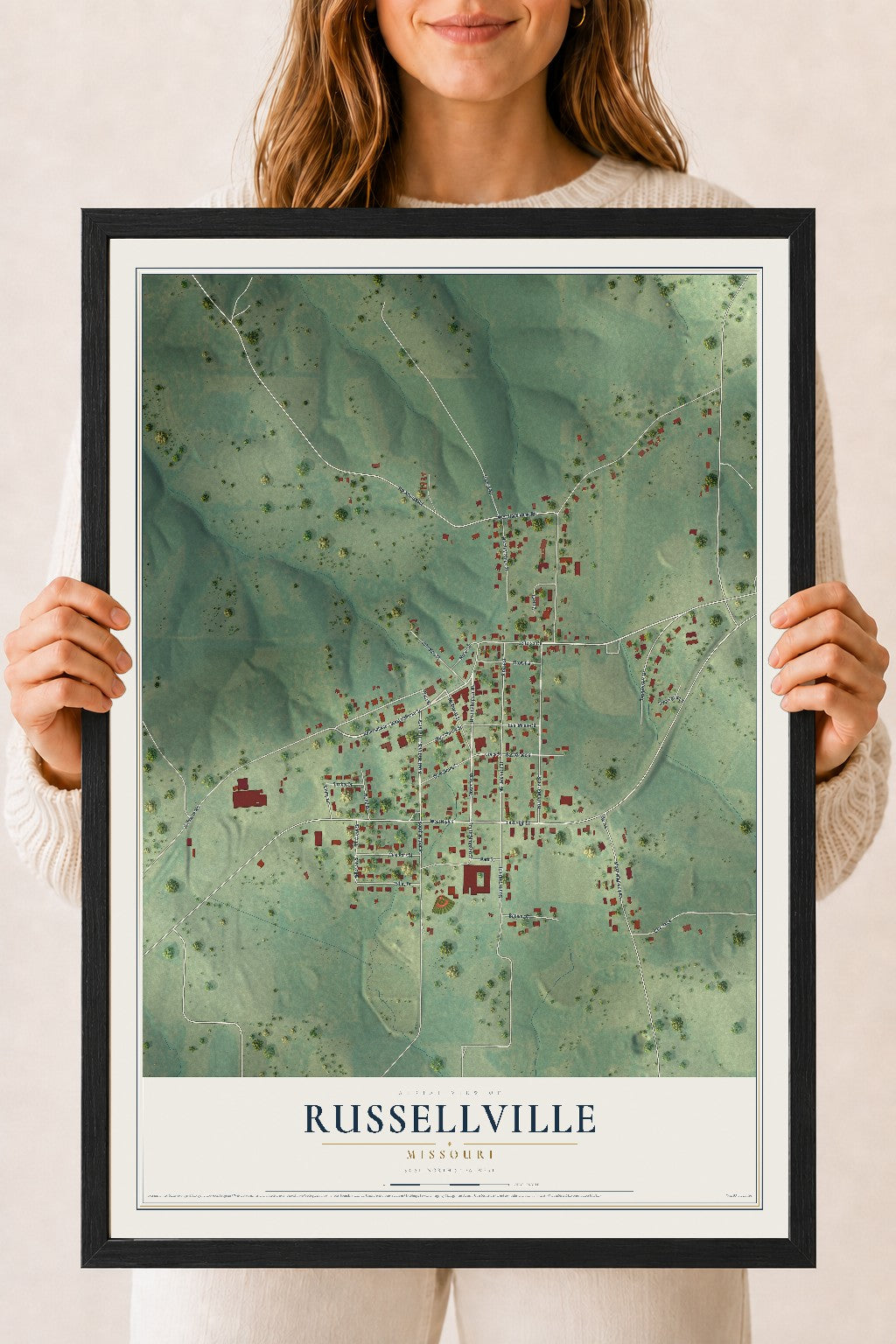Map of Russellville, Missouri, 18 x 24 inch print in a black wood frame
