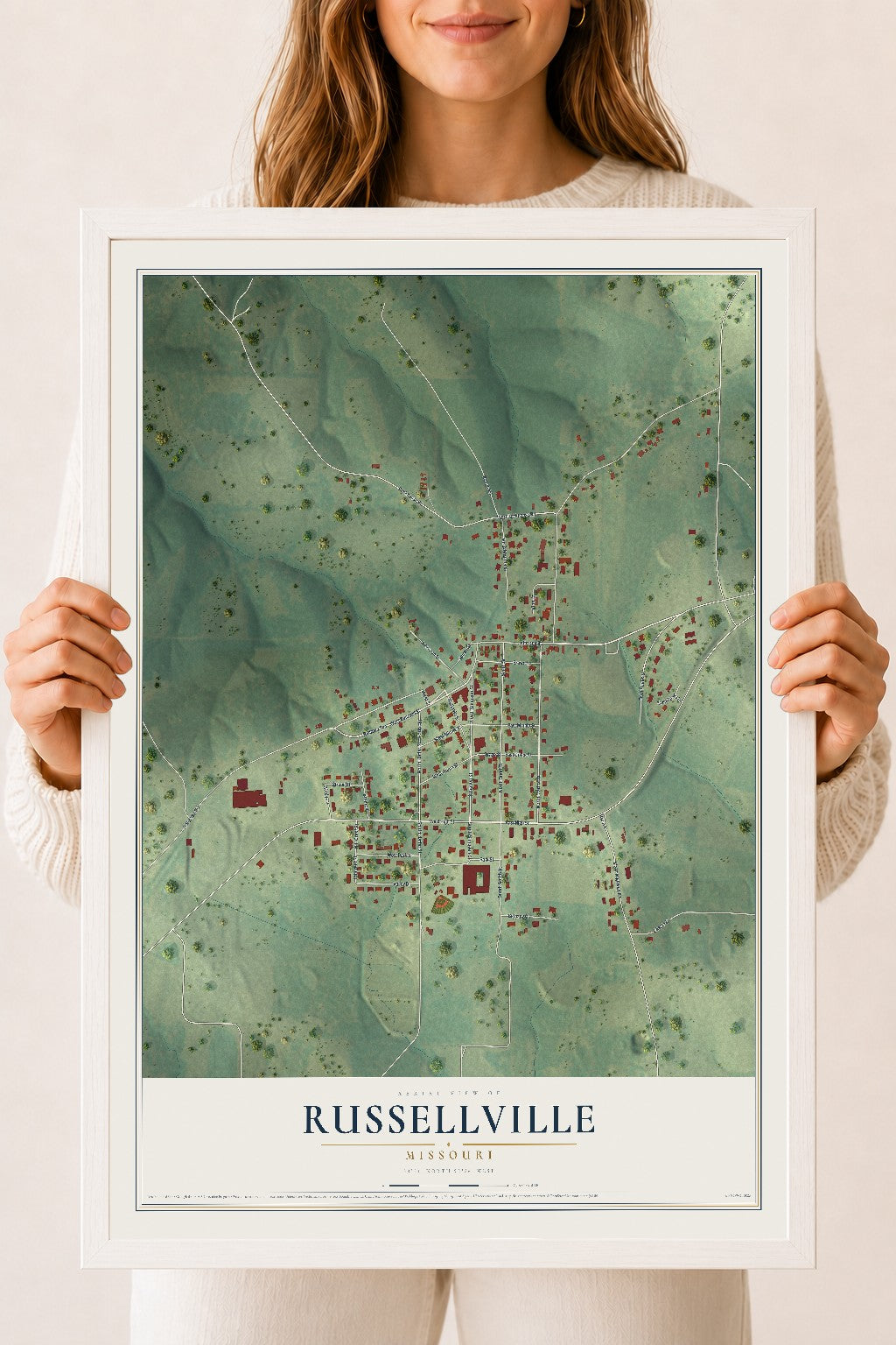 Map of Russellville, Missouri, 18 x 24 inch print in a white wood frame