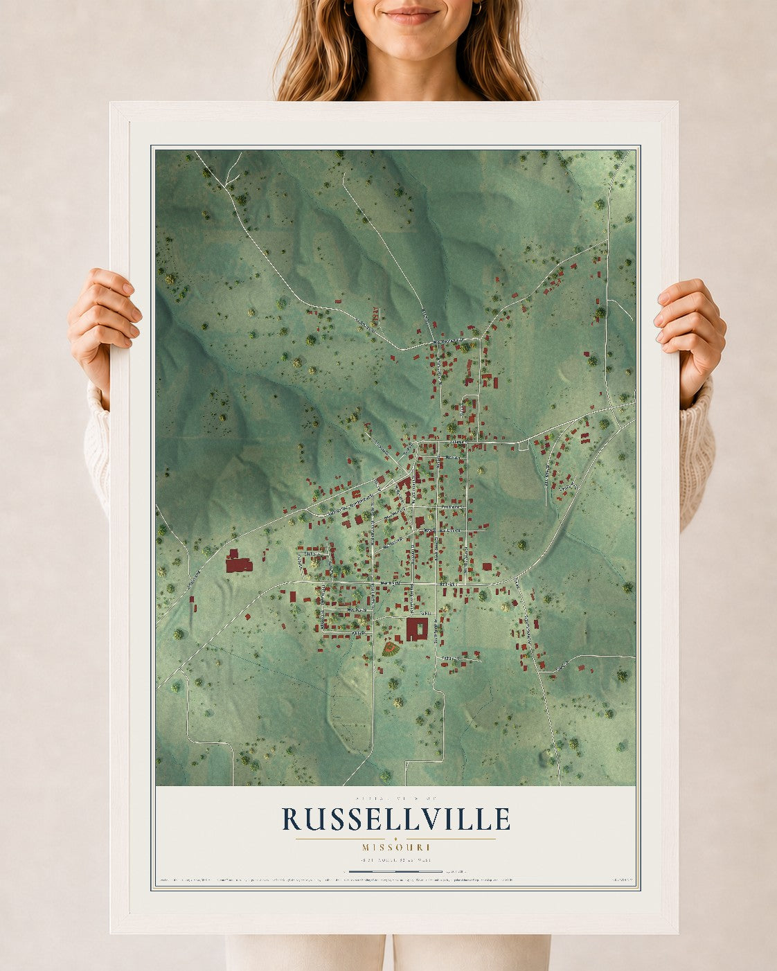 Map of Russellville, Missouri, 24 x 36 inch print in a white wood frame