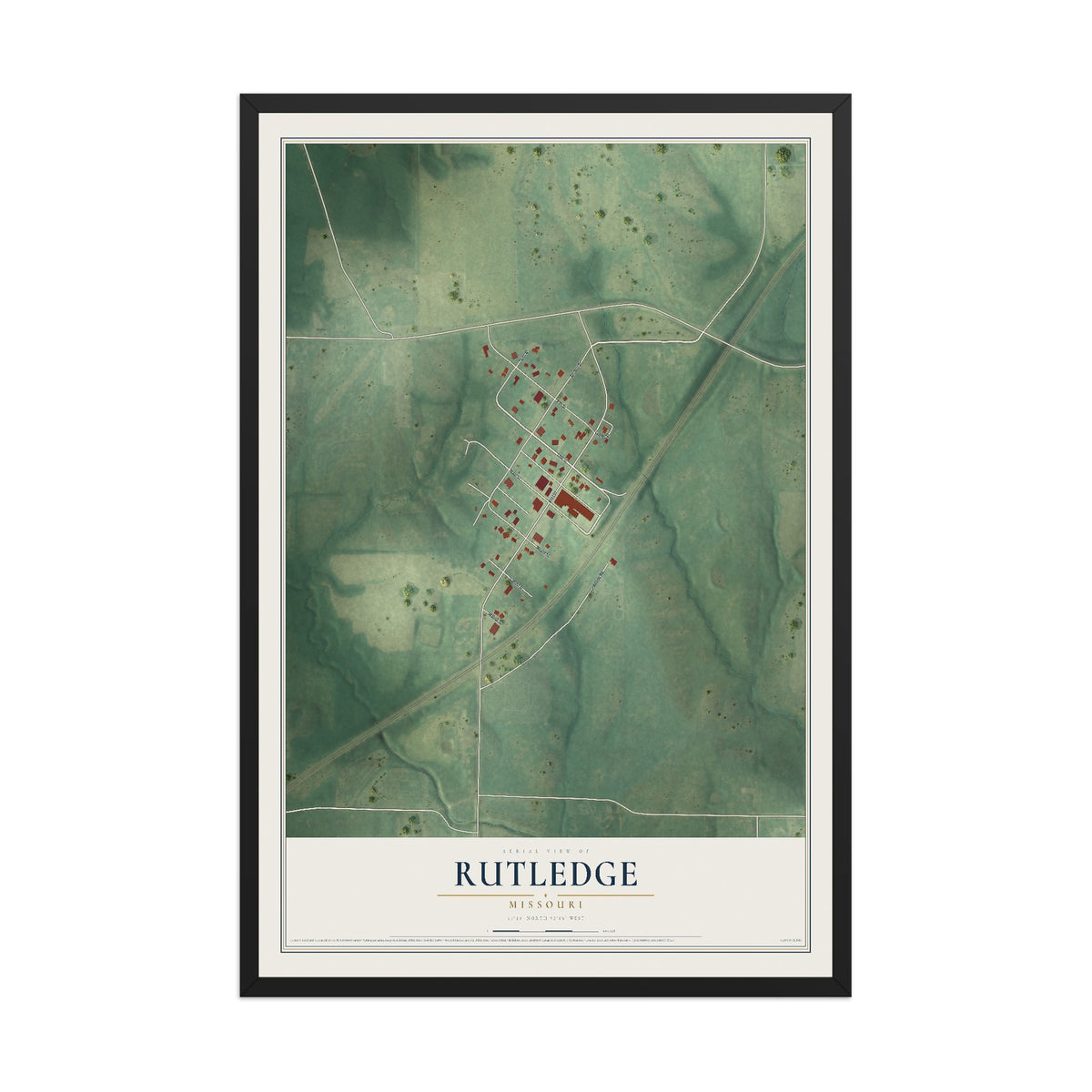 Map of Rutledge, Missouri, 12 x 18 inch print in a black wood frame