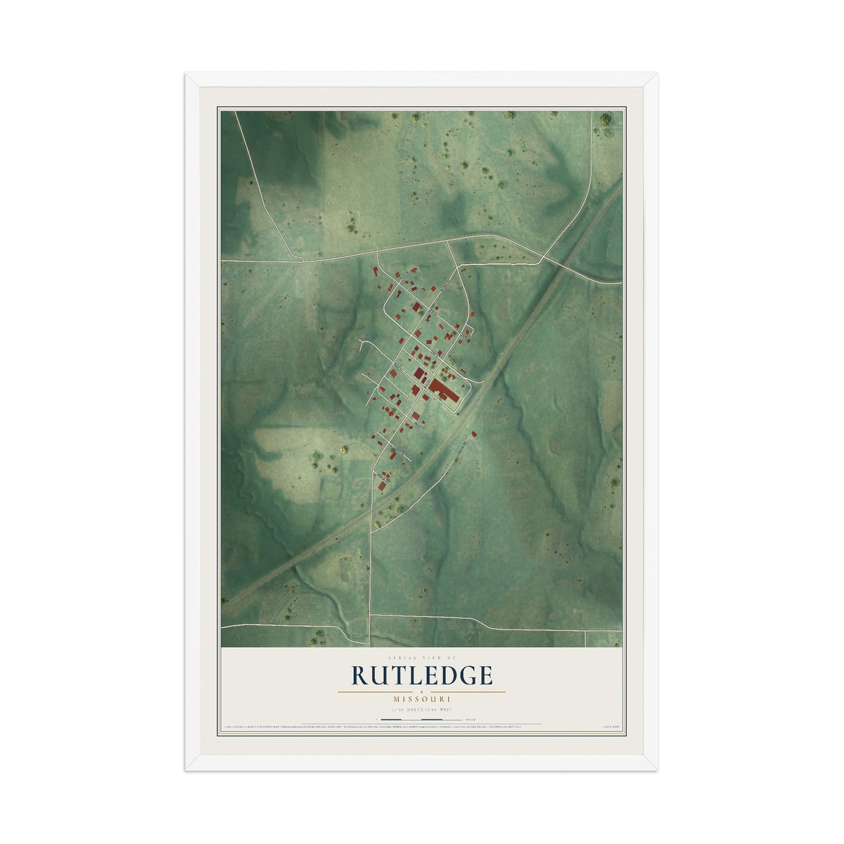 Map of Rutledge, Missouri, 12 x 18 inch print in a white wood frame