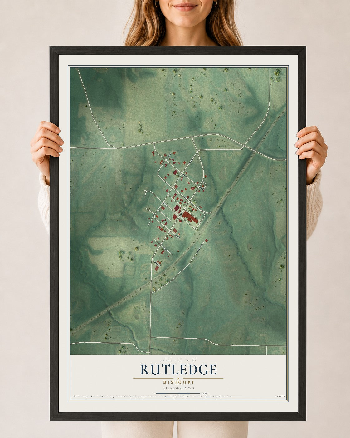 Map of Rutledge, Missouri, 24 x 36 inch print in a black wood frame