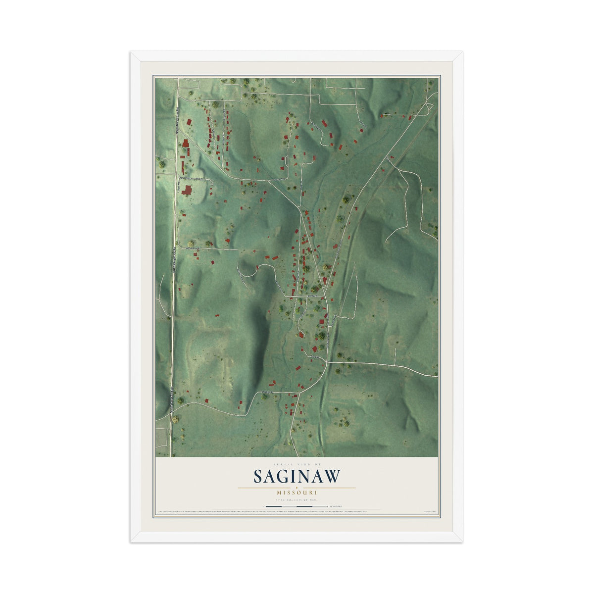 Map of Saginaw, Missouri, 12 x 18 inch print in a white wood frame