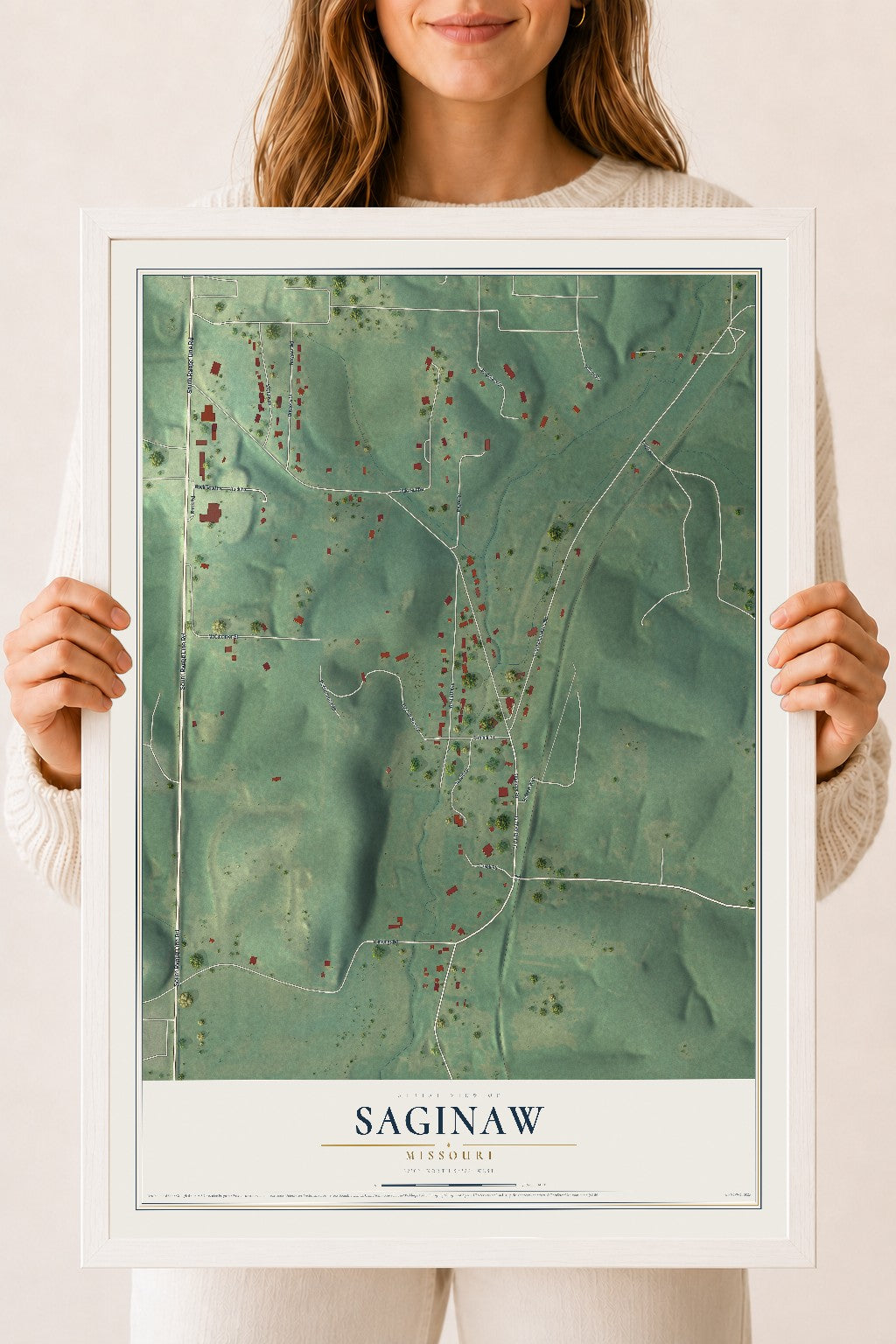 Map of Saginaw, Missouri, 18 x 24 inch print in a white wood frame