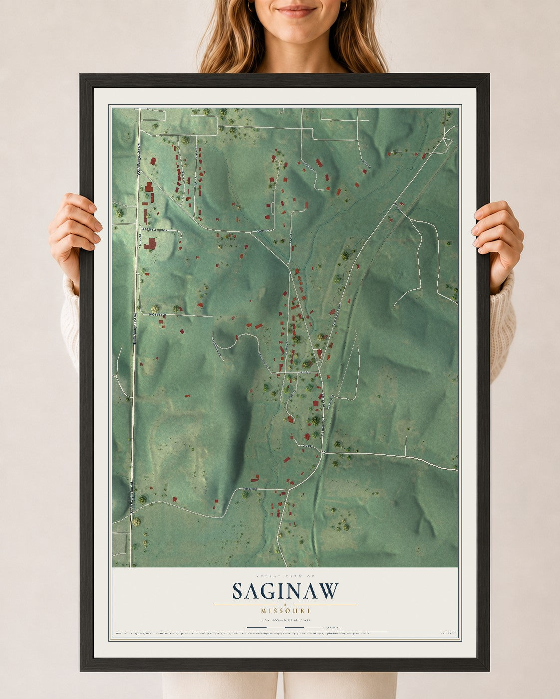 Map of Saginaw, Missouri, 24 x 36 inch print in a black wood frame