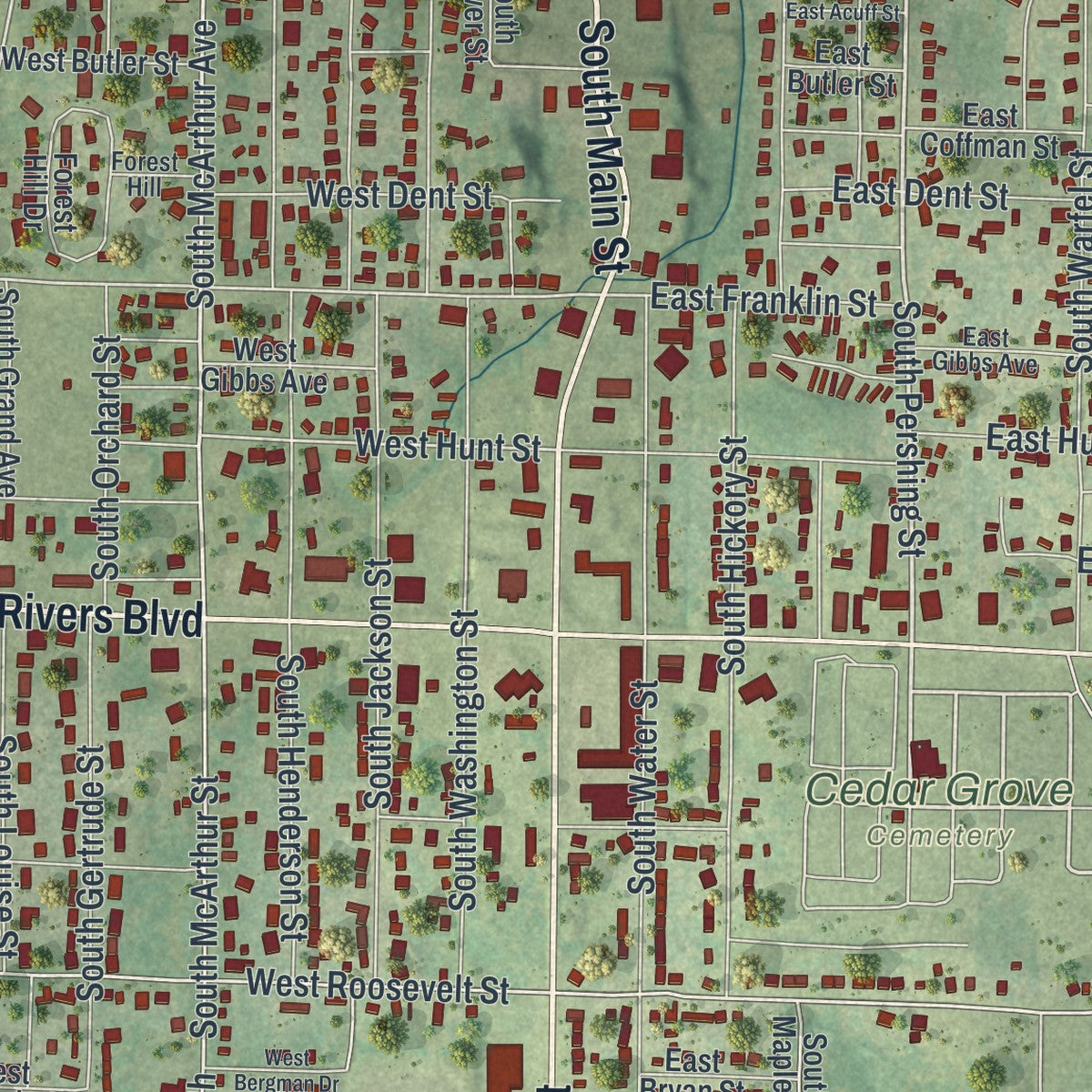 Close-up of the map of Salem, Missouri print showing street and building detail