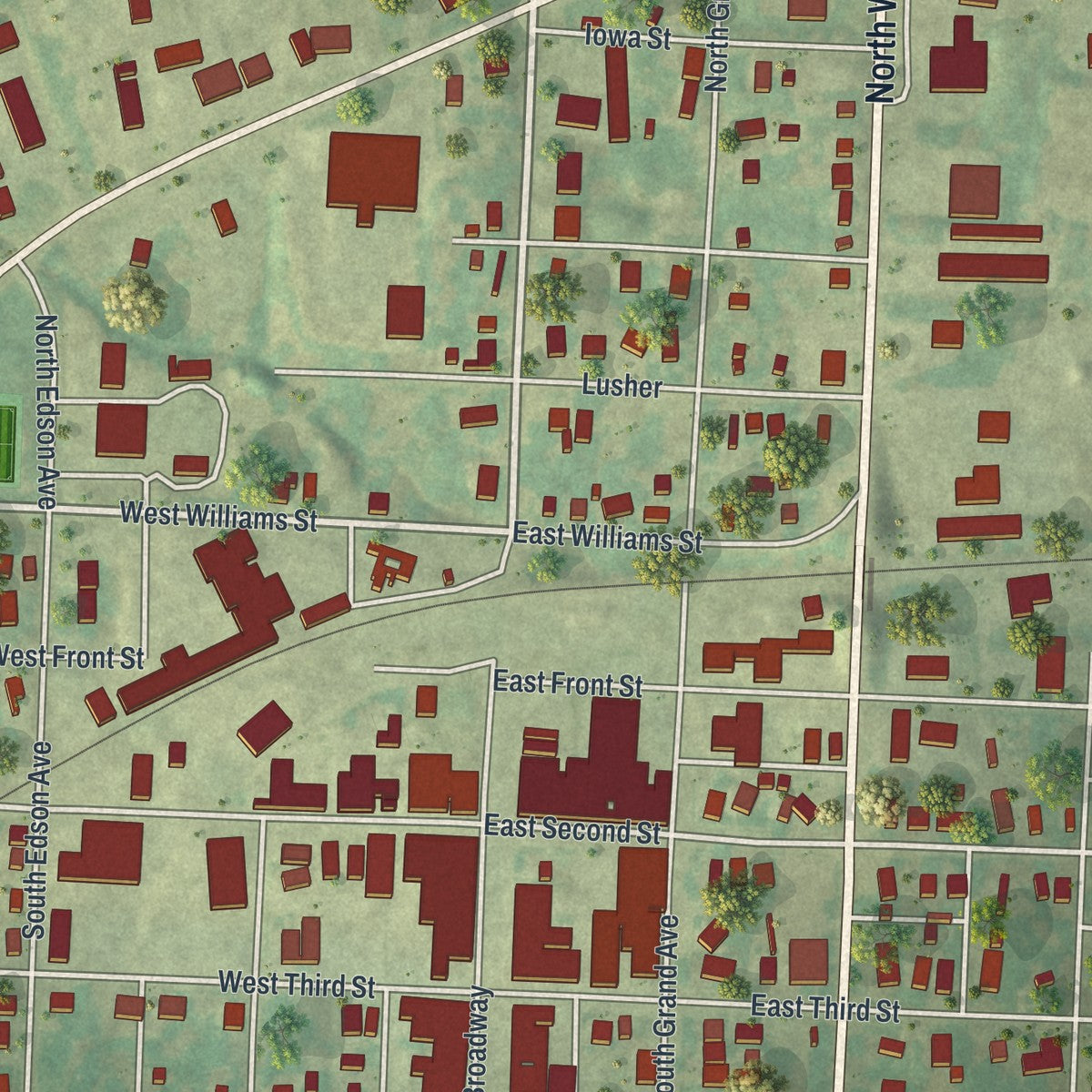 Close-up of the map of Salisbury, Missouri print showing street and building detail
