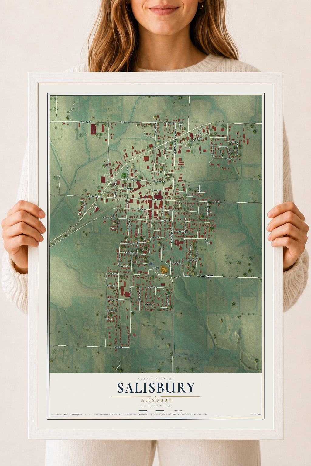 Map of Salisbury, Missouri, 18 x 24 inch print in a white wood frame