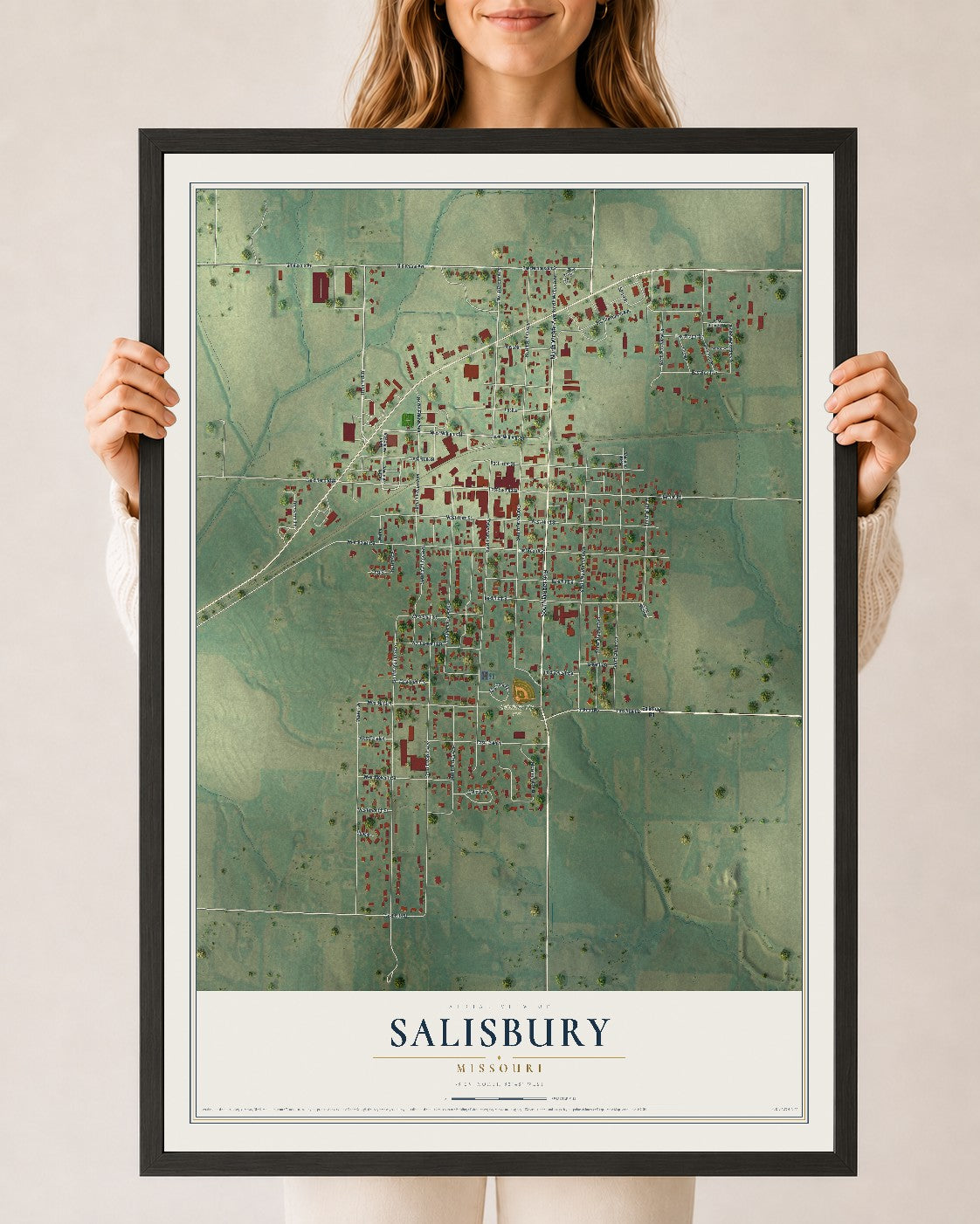 Map of Salisbury, Missouri, 24 x 36 inch print in a black wood frame