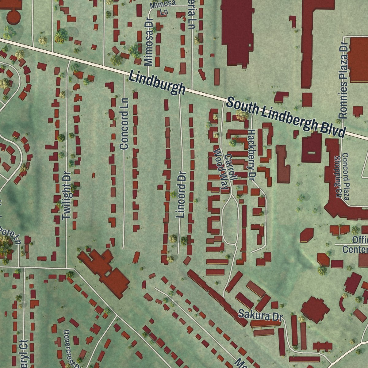 Close-up of the map of Sappington, Missouri print showing street and building detail