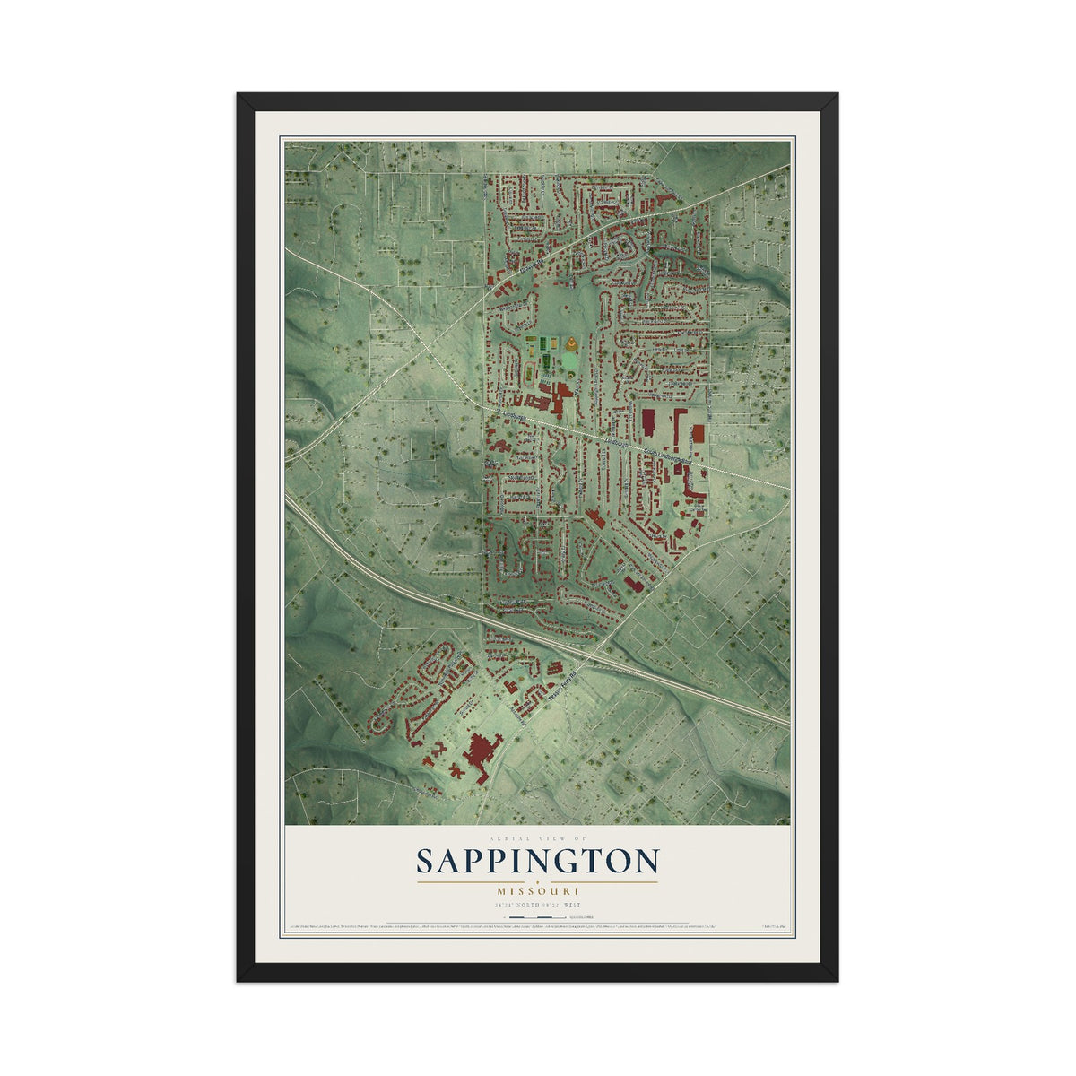 Map of Sappington, Missouri, 12 x 18 inch print in a black wood frame