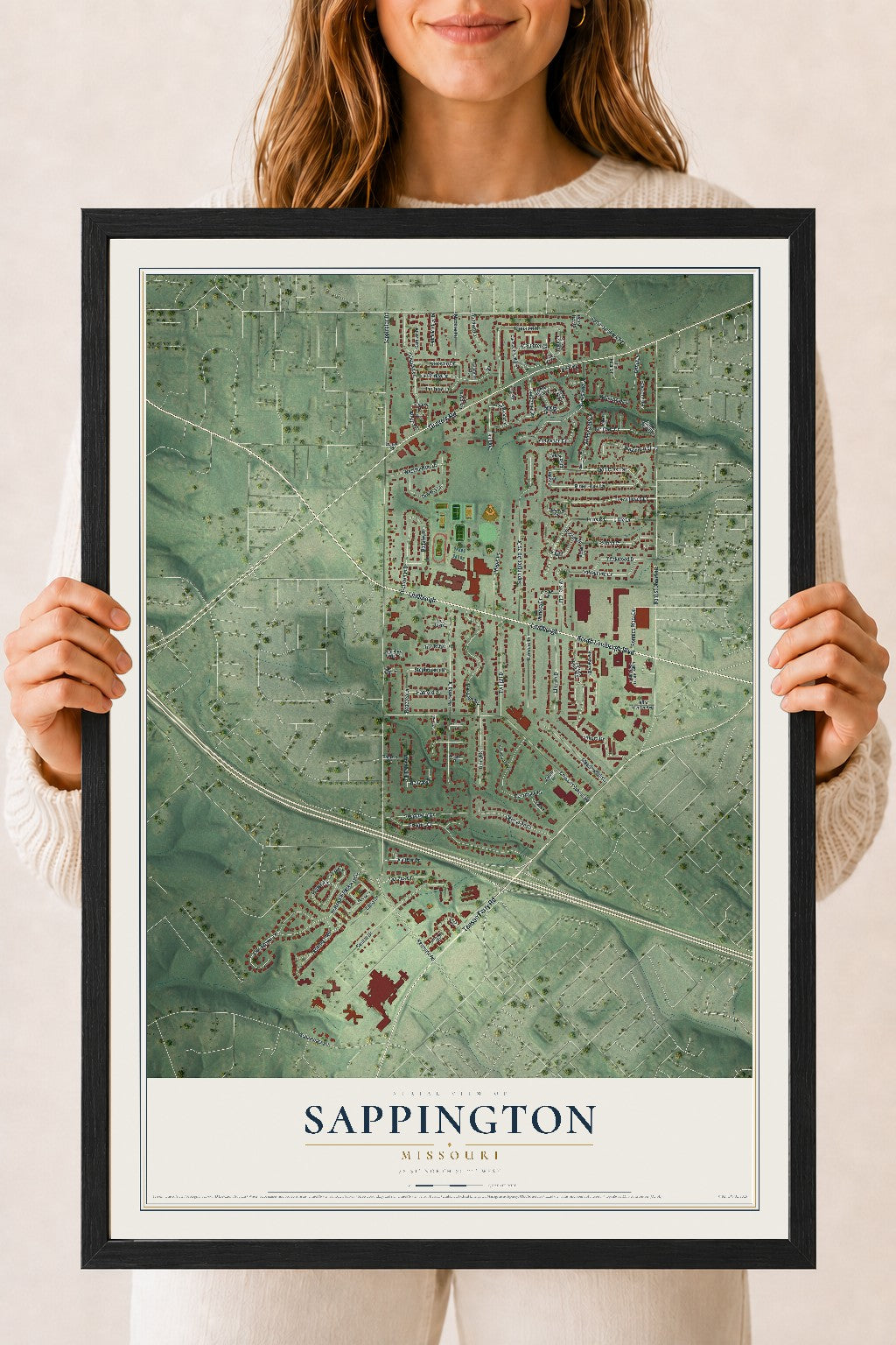 Map of Sappington, Missouri, 18 x 24 inch print in a black wood frame