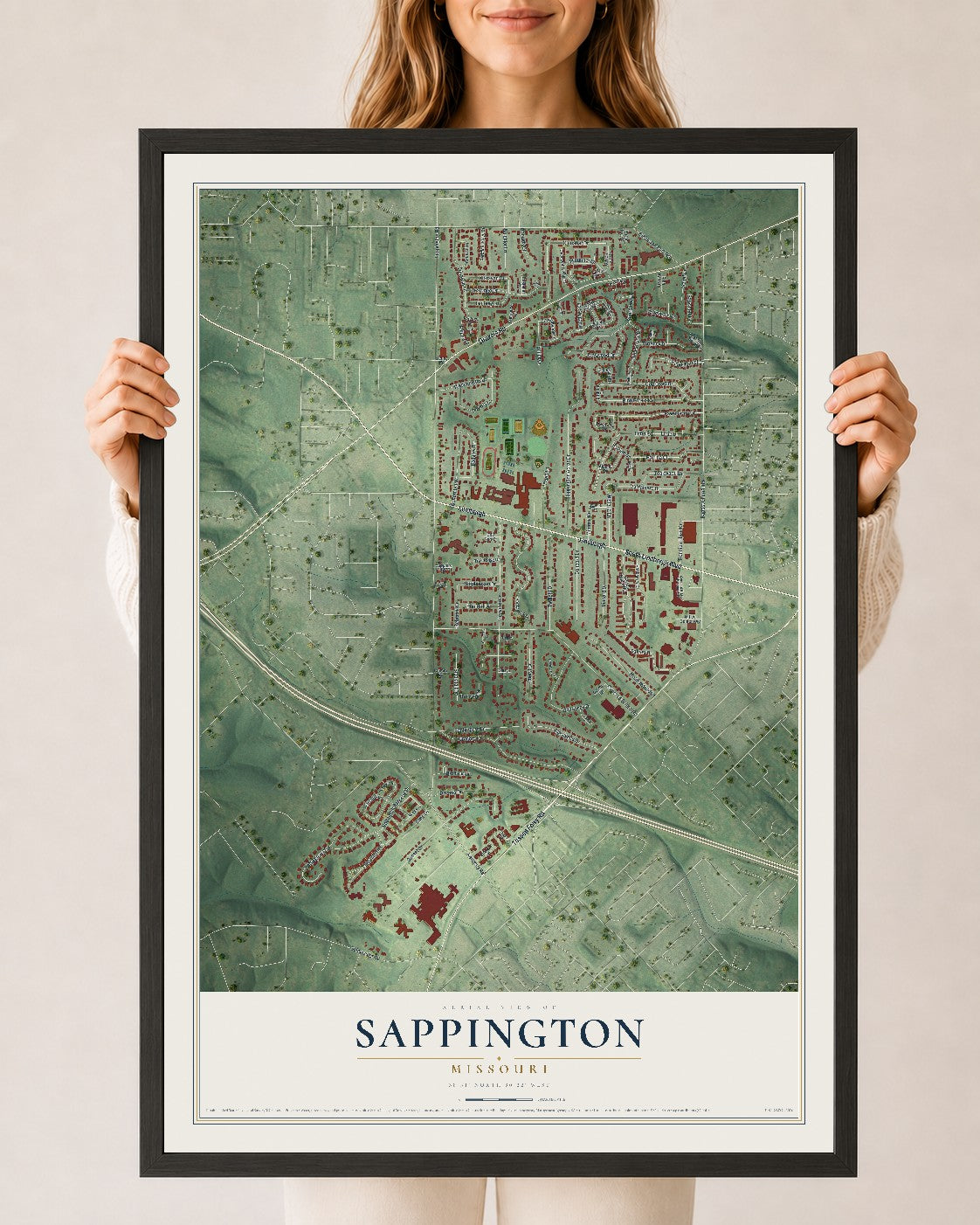 Map of Sappington, Missouri, 24 x 36 inch print in a black wood frame