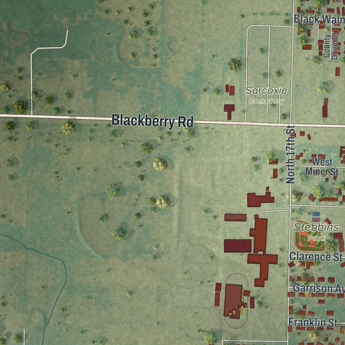 Second close-up of the map of Sarcoxie, Missouri print showing more streets and buildings