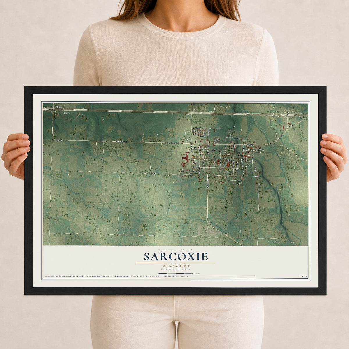 Map of Sarcoxie, Missouri, 12 x 18 inch print in a black wood frame