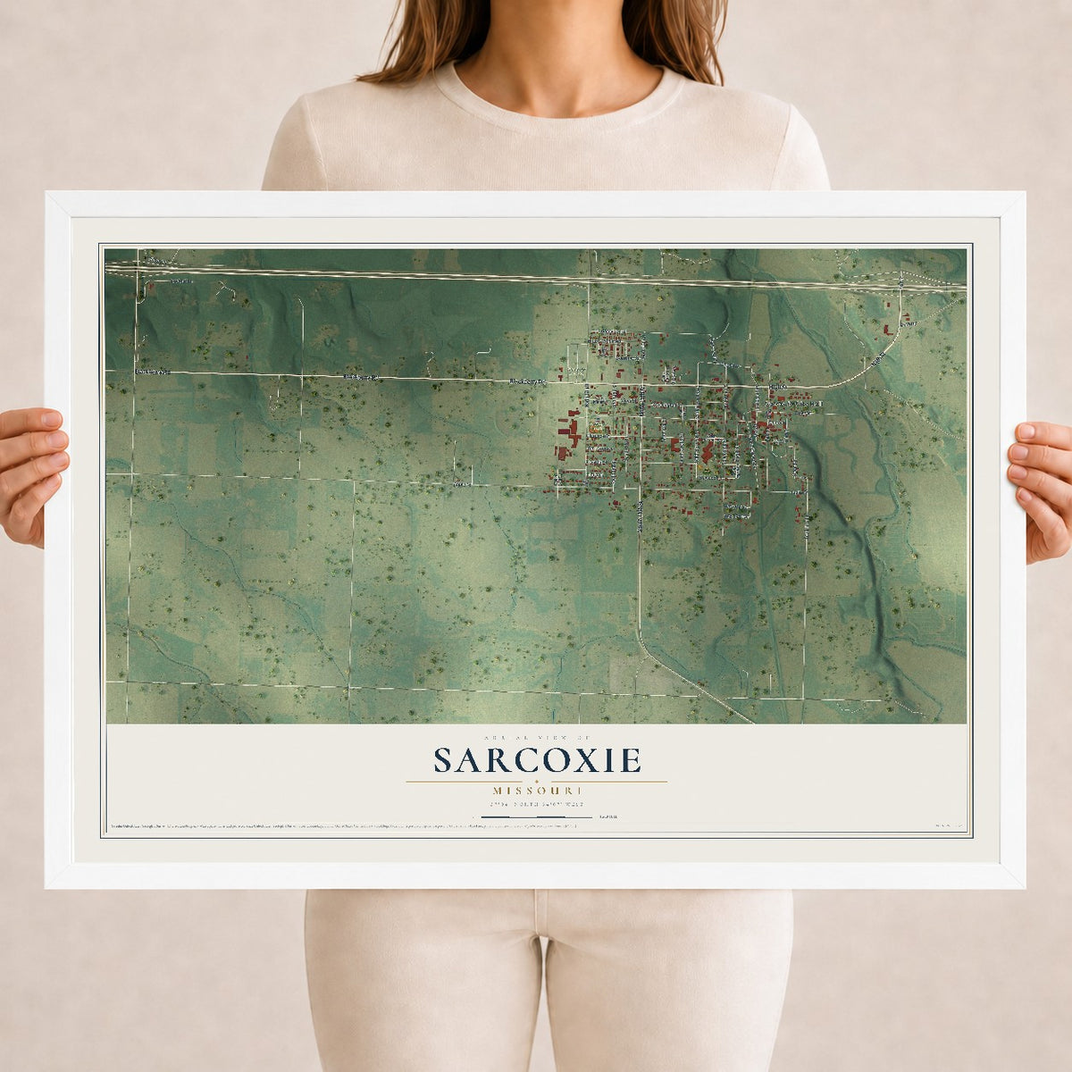 Map of Sarcoxie, Missouri, 18 x 24 inch print in a white wood frame