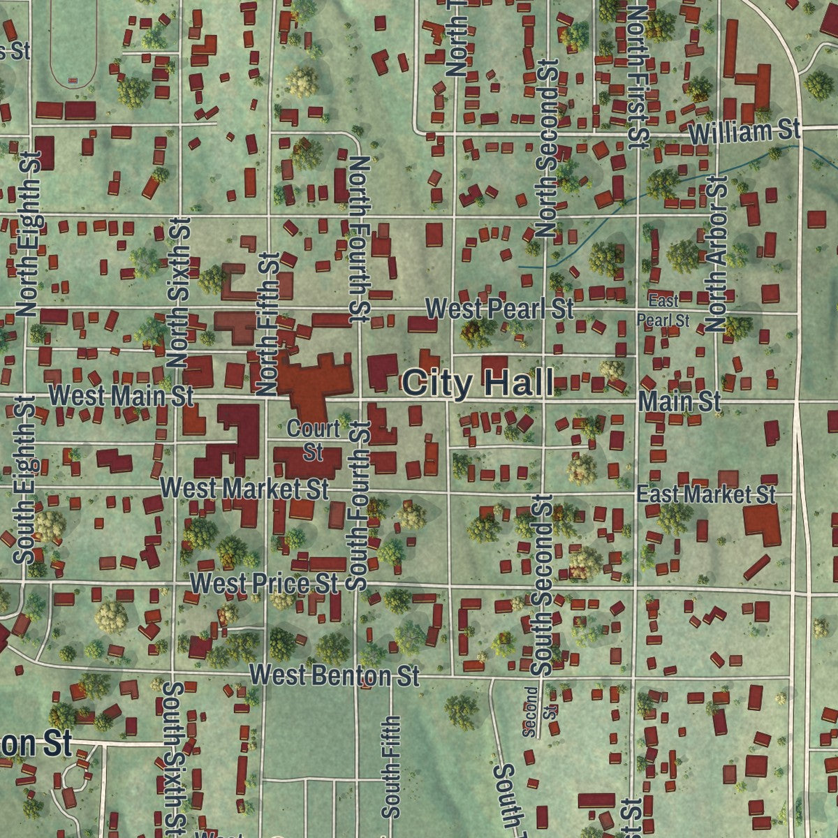 Close-up of the map of Savannah, Missouri print showing street and building detail