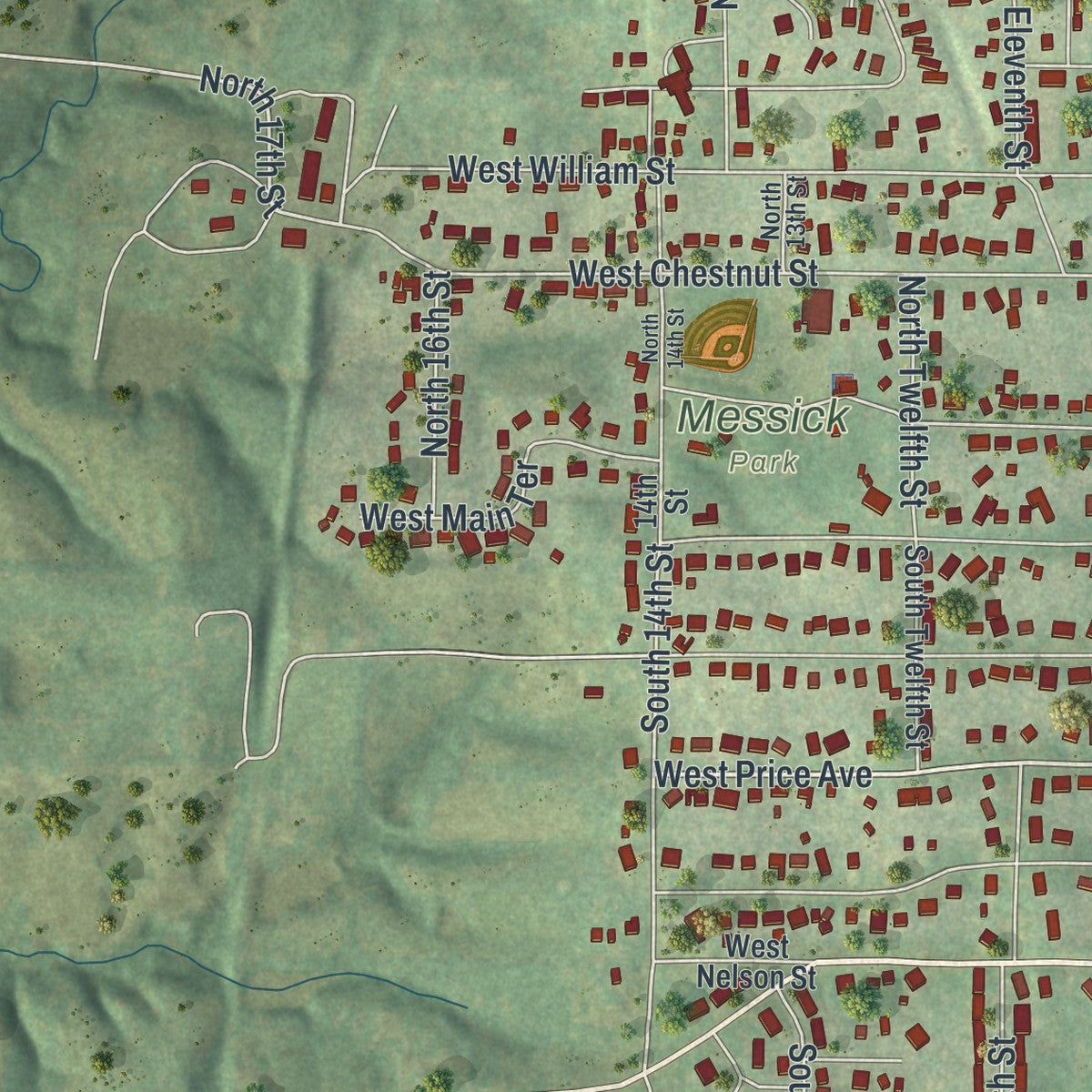 Second close-up of the map of Savannah, Missouri print showing more streets and buildings