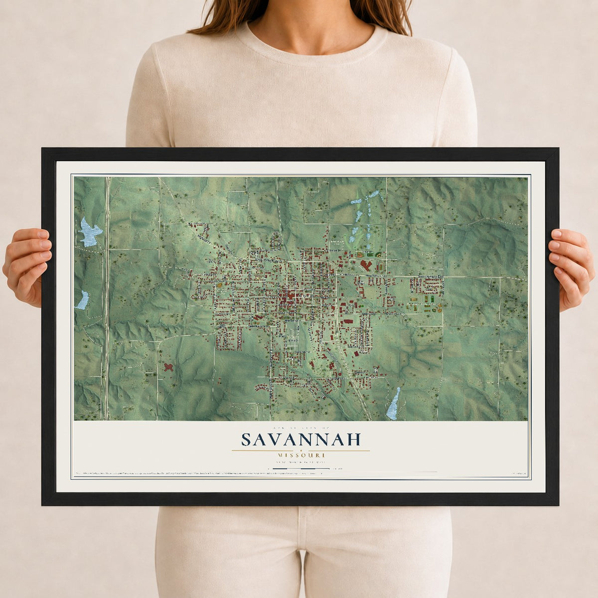 Map of Savannah, Missouri, 12 x 18 inch print in a black wood frame