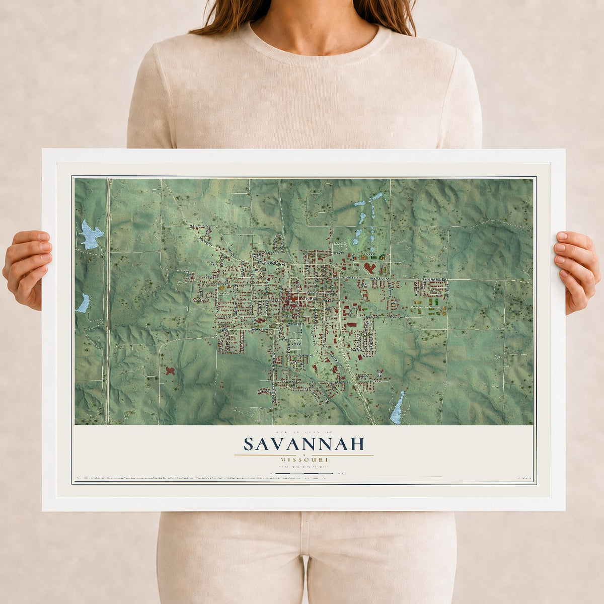 Map of Savannah, Missouri, 12 x 18 inch print in a white wood frame