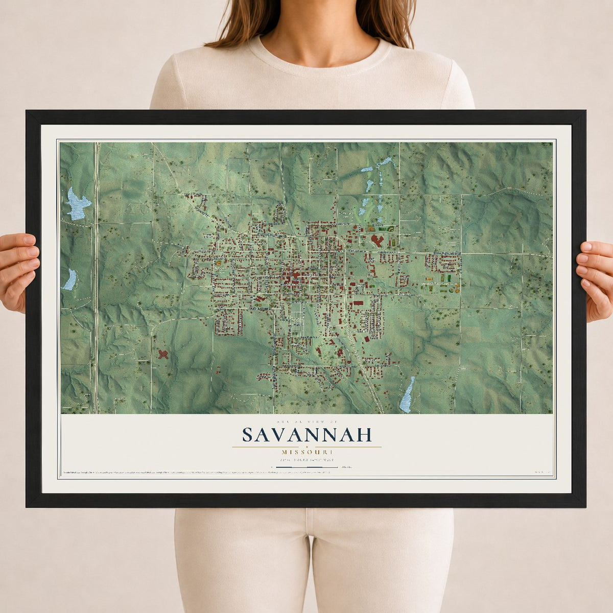 Map of Savannah, Missouri, 18 x 24 inch print in a black wood frame