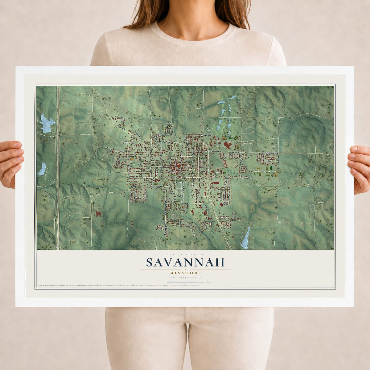 Map of Savannah, Missouri, 18 x 24 inch print in a white wood frame