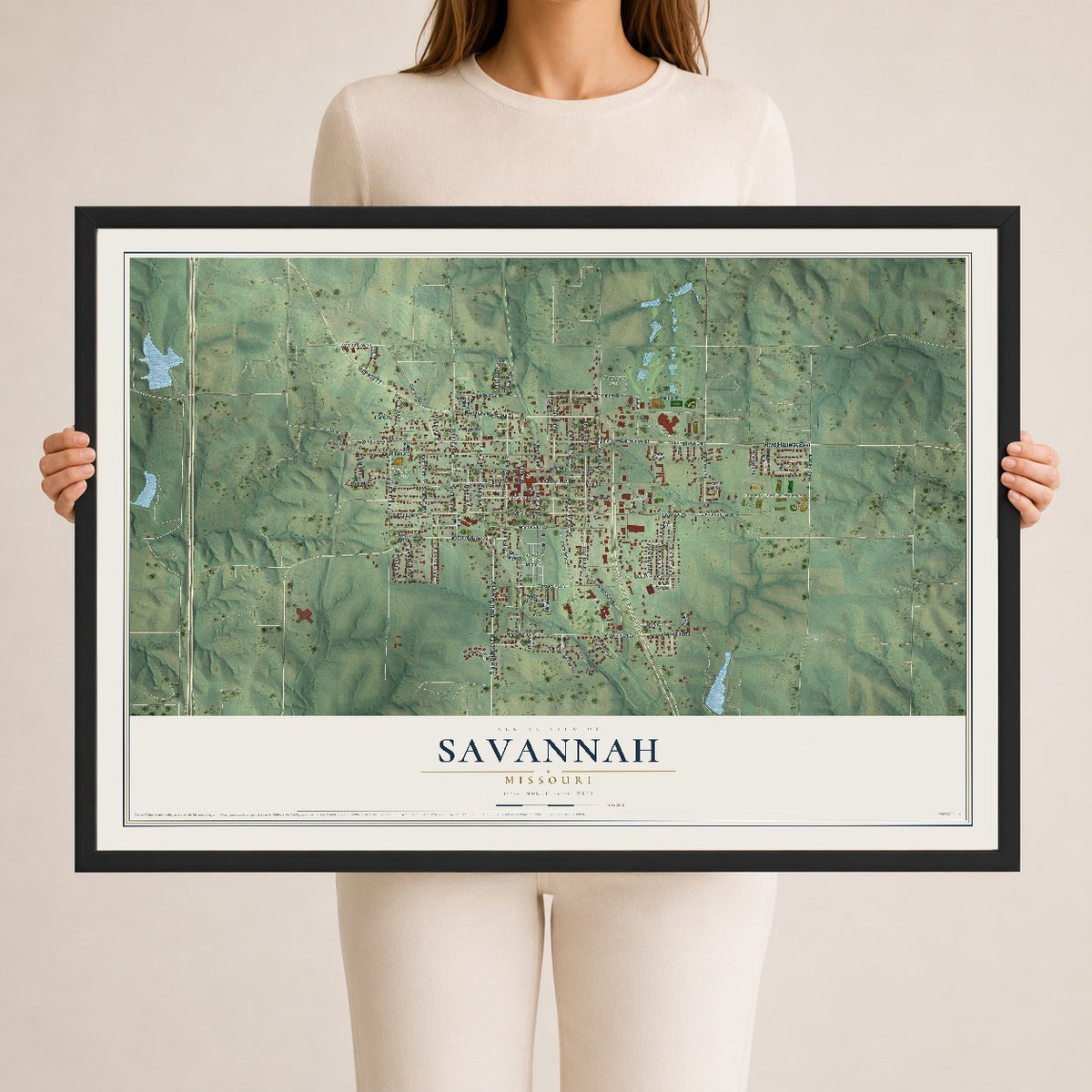 Map of Savannah, Missouri, 24 x 36 inch print in a black wood frame