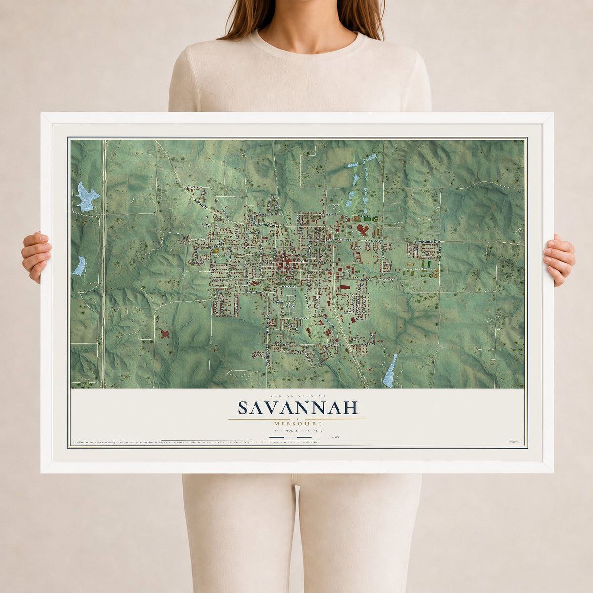 Map of Savannah, Missouri, 24 x 36 inch print in a white wood frame