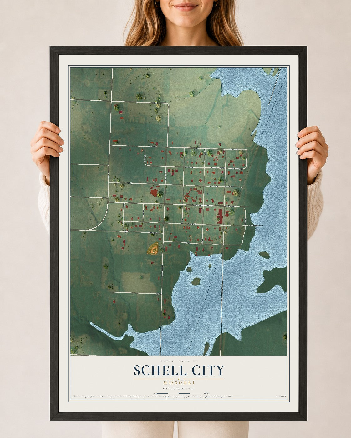 Map of Schell City, Missouri, 24 x 36 inch print in a black wood frame