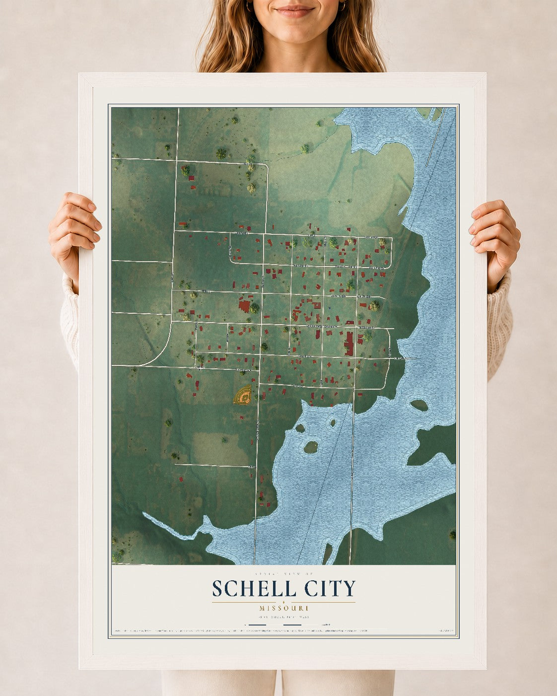 Map of Schell City, Missouri, 24 x 36 inch print in a white wood frame
