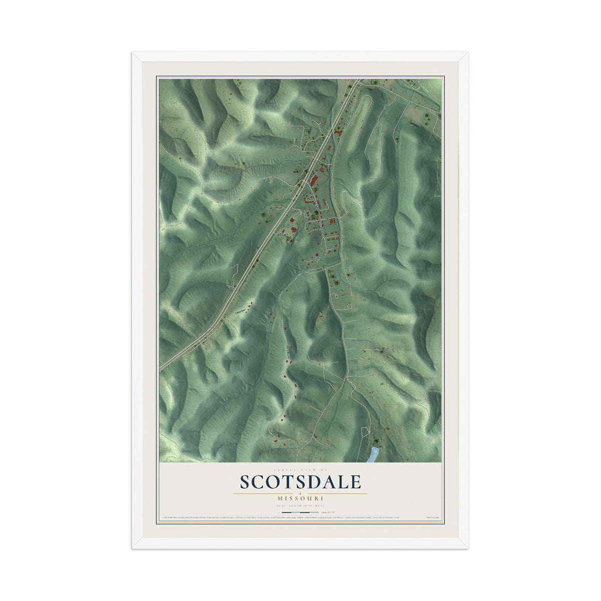 Map of Scotsdale, Missouri, 12 x 18 inch print in a white wood frame