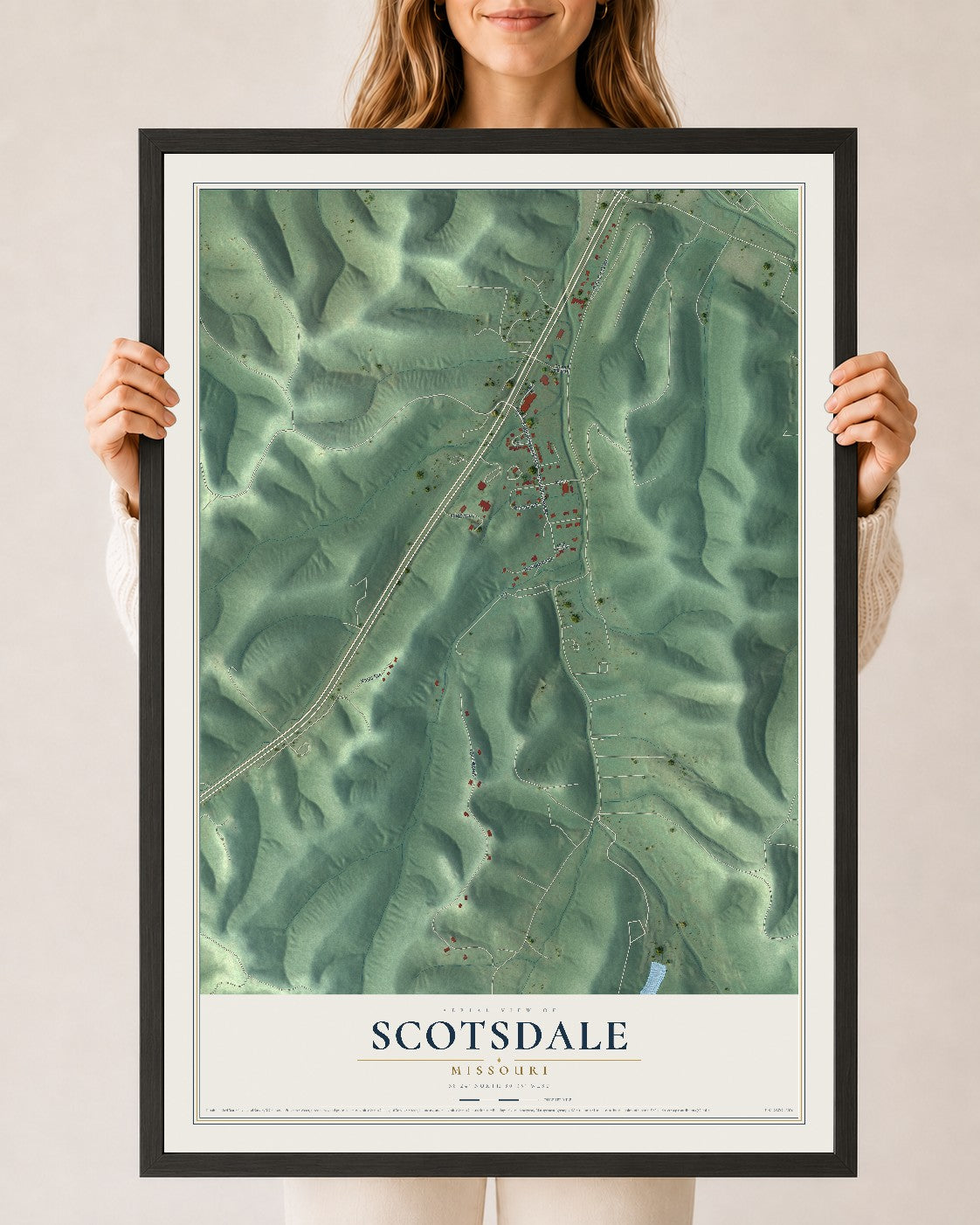 Map of Scotsdale, Missouri, 24 x 36 inch print in a black wood frame