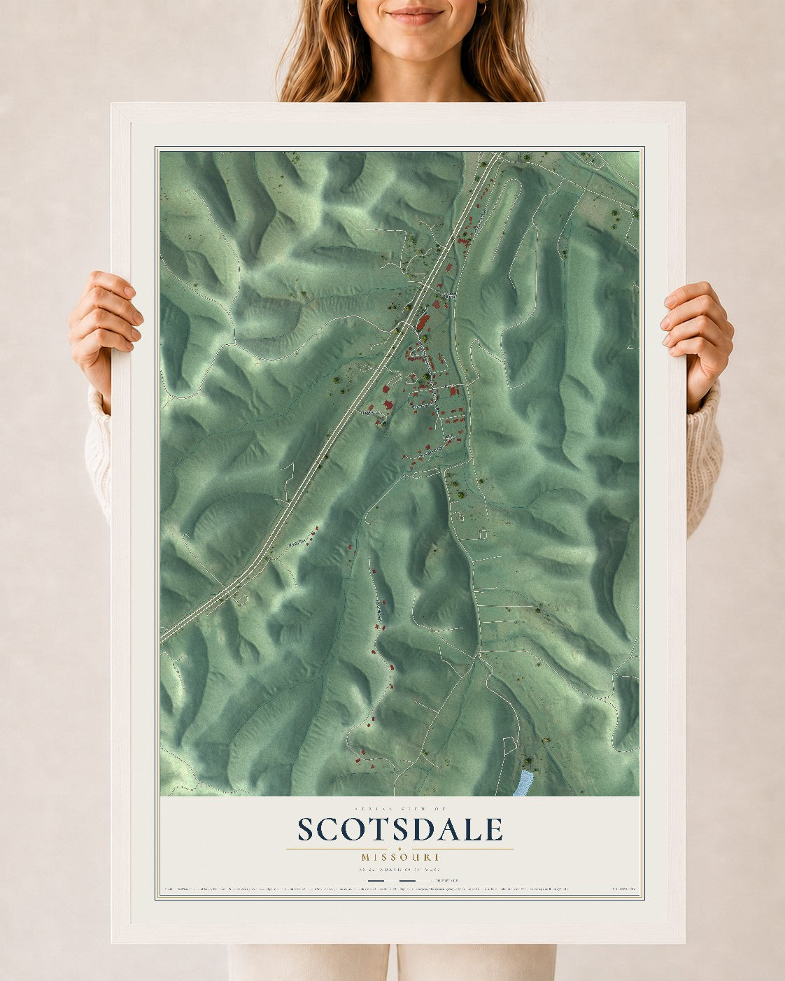 Map of Scotsdale, Missouri, 24 x 36 inch print in a white wood frame