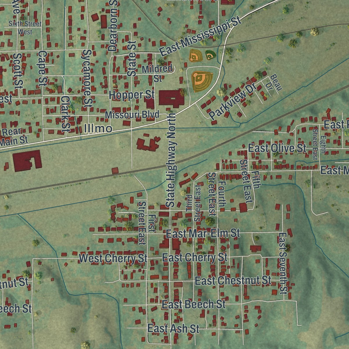 Second close-up of the map of Scott City, Missouri print showing more streets and buildings