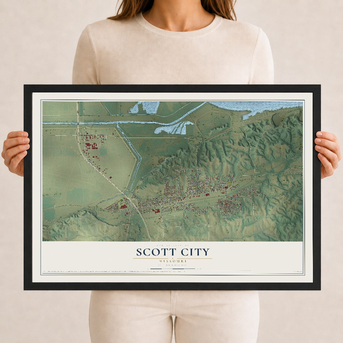 Map of Scott City, Missouri, 12 x 18 inch print in a black wood frame