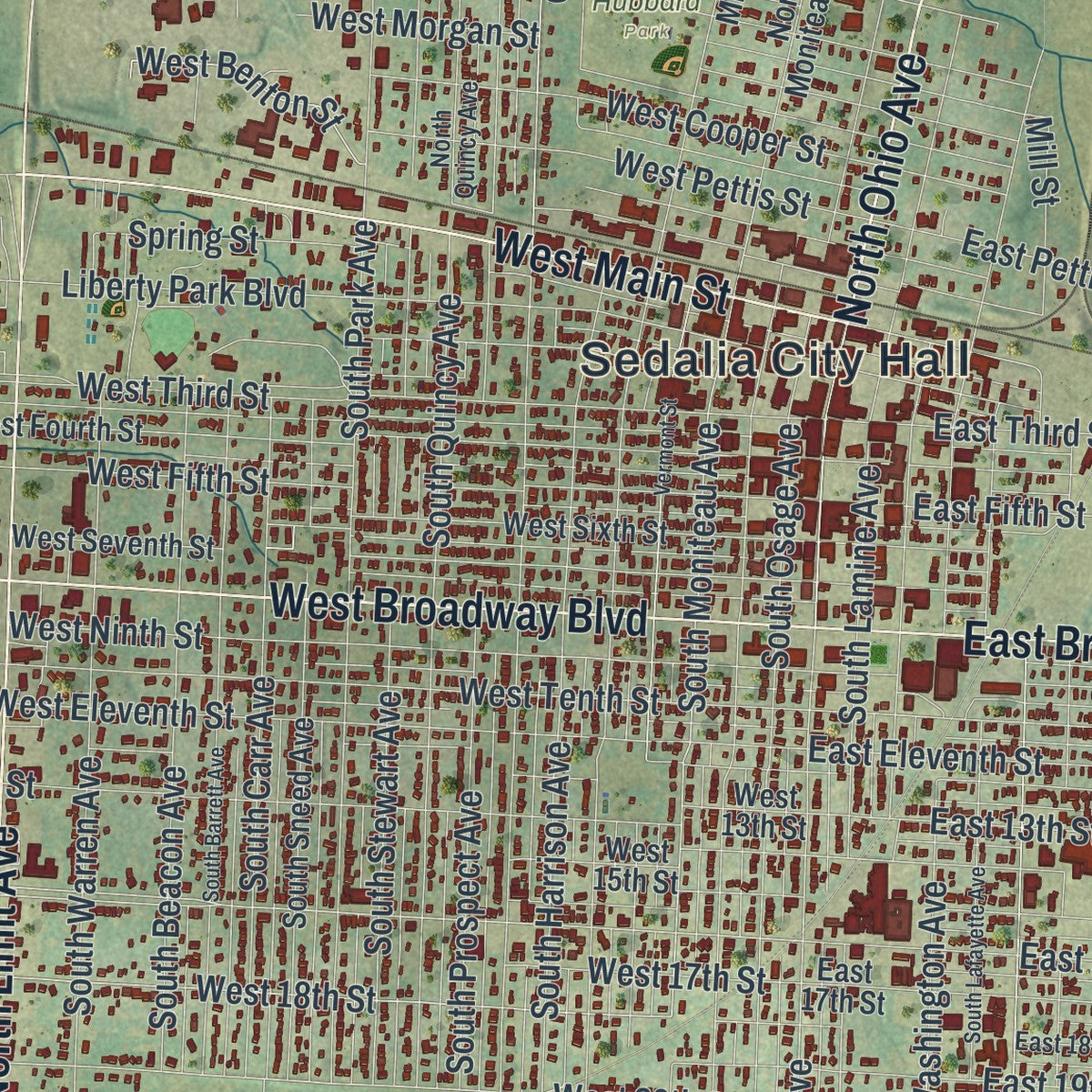 Close-up of the map of Sedalia, Missouri print showing street and building detail